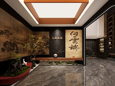 新中式酒店大堂 玄关背景 灯箱吊顶 高级感 玄关