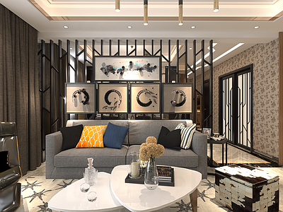 新中式家居客厅 客厅 现代 沙发 茶几 画