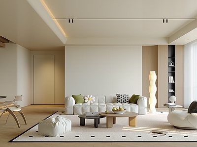 奶油风挑空客厅 现代奶油风客餐厅 复式客餐厅