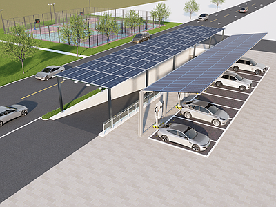 现代主义停车场 充电桩 智能停车位 市政停车场 光伏遮阳棚