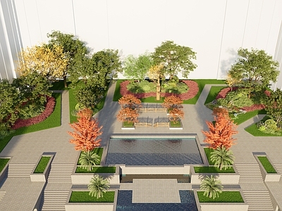 现代主义景观广场景观 政府大院 绿化景观 高差跌水 台阶