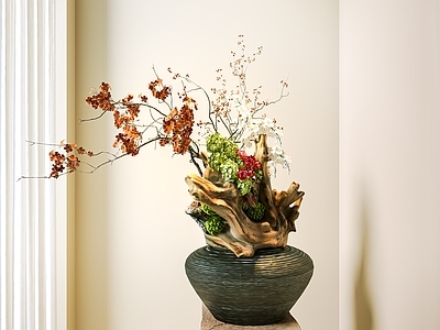 新中式花瓶 中古花艺盆景  陶罐花瓶 干枝花艺 枯木装饰摆件 花艺