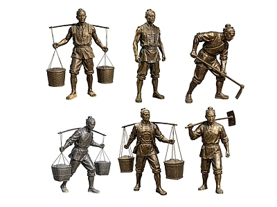 新中式多人 2D劳动人物铜像 2D古代人物雕塑