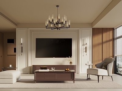 奶油风家居客厅 宋式新中风客厅 电视背景墙 休闲椅茶几 吊灯