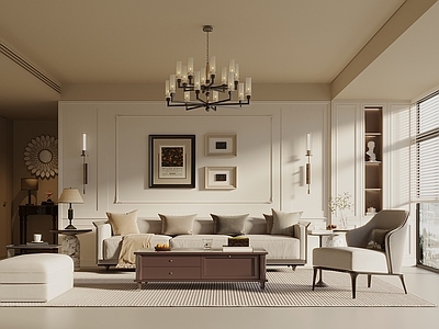 奶油风家居客厅 美式风客厅 复古法式风客厅 沙发茶几组合 沙发背景墙 吊灯