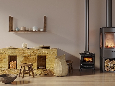 中古风家居客厅 灶台 火炉 农村灶台组合 铁锅 柴火炉