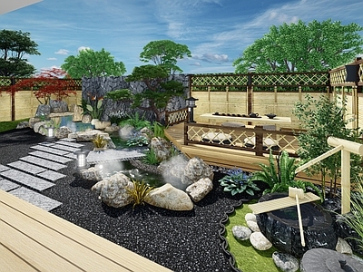 日式禅意别墅庭院 禅意庭院 一楼花园 日式庭院 花园溪流 石钵流水