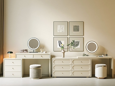 奶油风妆台妆凳  现代梳妆台 奶油风梳妆台 妆台妆凳组合 奶油风梳妆凳 组合画