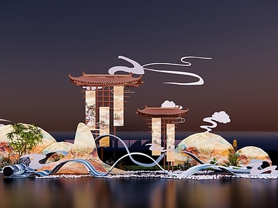 新中式国潮风文旅美陈 国潮画卷美陈 古装屏风美陈 山水画卷美陈 DP美陈合影点