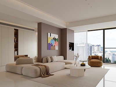 奶油风家居客厅 挂画 模块沙发 单椅 茶几 单人沙发