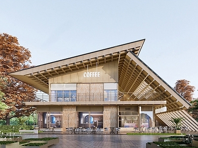 现代原木风餐饮建筑 新中式咖啡厅建筑  餐饮建筑  木屋建筑