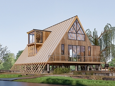 现代原木风独栋别墅 现代独栋别墅 现代木屋建筑
