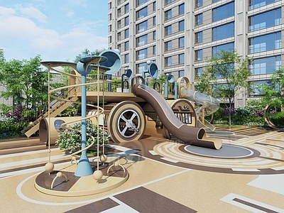 现代主义儿童游乐空间 现代儿童乐园景观 住宅景观植物组合 滑梯大树灌木乔木 树篱花带桃树 景观造景活动休闲
