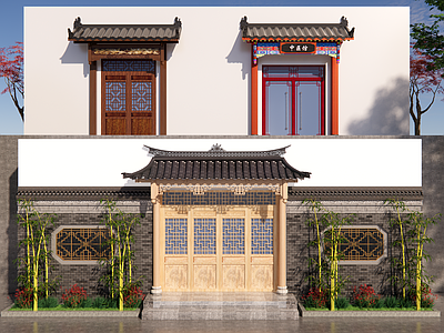 新中式入口大门 仿古木门头 中式屋檐 古建飞檐