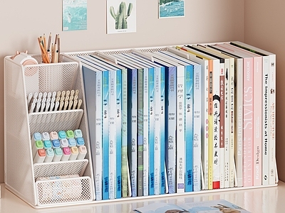 奶油风办公用品 书架 书本 课本 书桌 书房