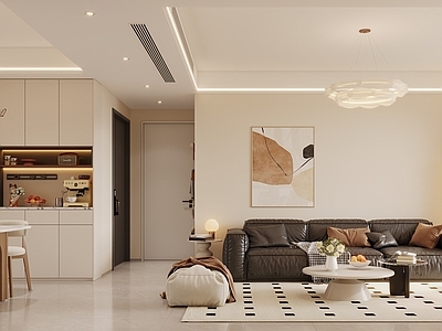 奶油风家居客厅 现代奶油风客餐厅 酒柜 沙发组合