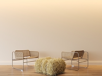 奶油风休闲椅 室外休闲椅 稻草 金属椅