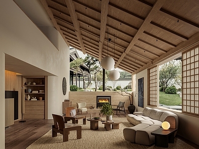 新中式挑空客厅 侘寂风休闲客厅 日式挑高客厅 观景木纹风客厅 民宿大厅