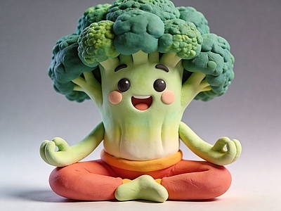 黏土风雕塑摆件 西蓝花 瑜伽 卡通蔬菜 AI渲染 摆件