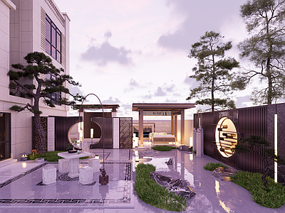 新中式别墅庭院 中式新中式宅院 木方亭屏风景墙