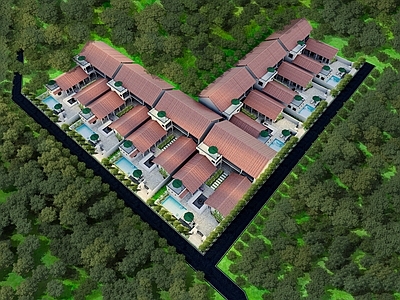 新中式联排别墅 联排别墅 四合院 鸟瞰图 建筑主体