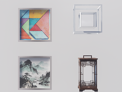 新中式挂画组合 挂画 壁画 复古台灯 现代装饰画 古今装饰灯