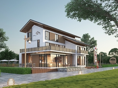 新中式民宿建筑 新中式民宿 建筑立面 江南风格 别墅