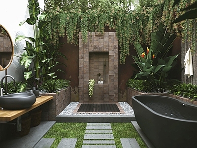 热带自然风酒店卫生间 别墅露天卫生间 户外开放式卫生间 庭院私密卫生间 豪华卫生间
