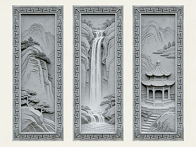 新中式浮雕 2D砖雕图案 山水画 风景画 景墙照壁 砖雕浮雕