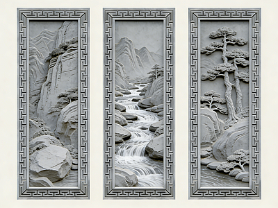 新中式浮雕 2D砖雕图案 山水画 风景画 景墙照壁 砖雕浮雕