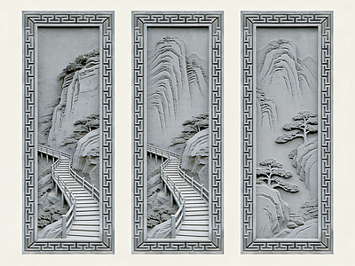 新中式浮雕 2D砖雕图案 山水画 风景画  景墙照壁 砖雕浮雕