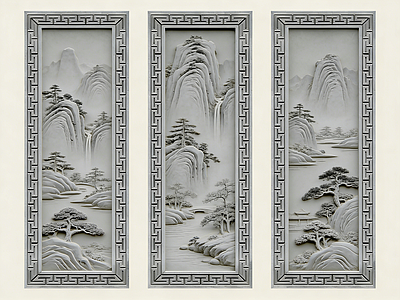 新中式浮雕 2D砖雕图案 石材雕花  山水风景画 景墙照壁 砖雕浮雕