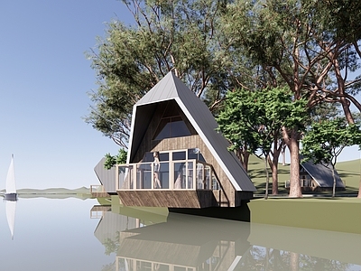 现代简约民宿建筑 河边木屋 河边小酒店 小木屋