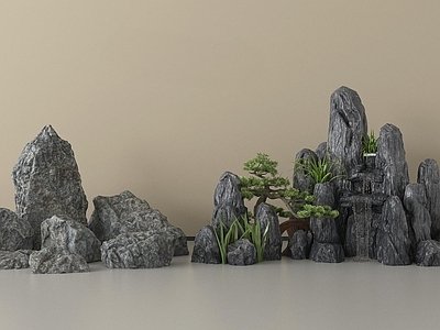 新中式摆件组合 中式假山石头 景观石头 庭院小品