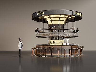 现代轻奢吧台 工业风吧台 咖啡厅吧台 圆形吧台 吧台吧椅 酒瓶酒杯