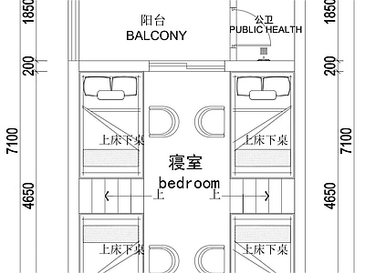 现代宿舍 四人寝室平面图 施工图