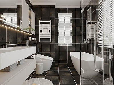 现代简约卫生间 现代复古卫生间 卫浴用品组合 马桶花洒 毛巾架 淋浴隔断