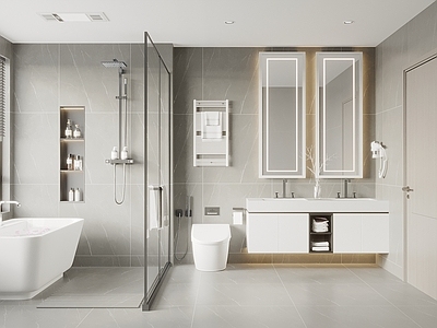 现代极简卫生间 现代奶油风卫生间 浴缸 卫浴用品组合 浴室柜 淋浴隔断