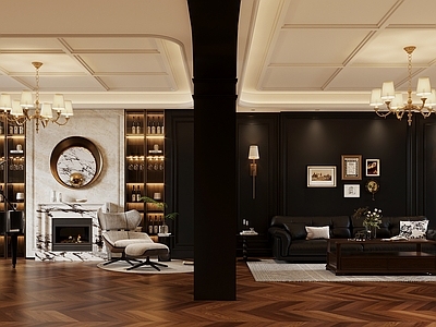 中古风别墅客餐厅 复古美式别墅客厅 轻奢美式 美式酒柜壁炉 钢琴休闲区