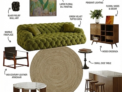 中古风客餐厅 轻法式客厅软装 布艺沙发 茶几 休闲椅 实木边柜