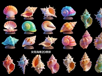 梦幻写实风摆件组合 海螺贝壳2D剪影