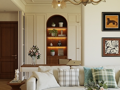 中古风客餐厅 美式田园 田园沙发 美式餐桌 美式椅子 法式吊灯