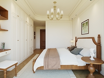 美式家居卧室 卧室 美式床具 美式挂画 美式吊灯