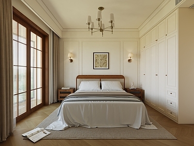 奶油风主卧 美式卧室 美式床具 美式吊灯 壁灯 挂画