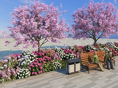 现代景观花草组合 花卉花草组合  樱花树  灌木 景观绿植花草 花卉植物组合