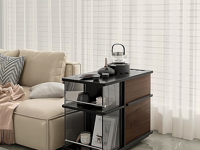 现代简约边几 边几 边桌 黑色棕色木纹边桌