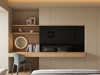 奶油风书桌 书桌一体柜