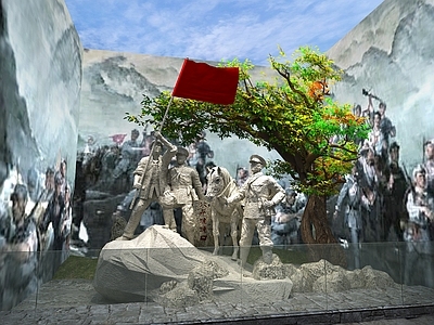 红色主题纪念性景观革命历史展厅 战争雕塑   红色文化展厅  红军  战争场景  抗战