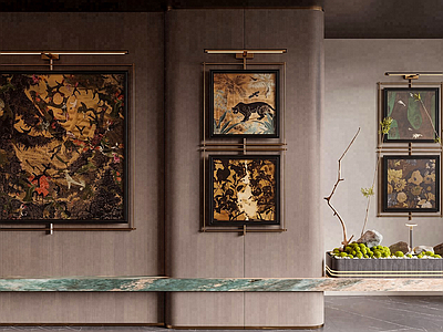 新中式玄关 复古挂画 抽象挂画 装饰画 苔藓造景 枯木绿植