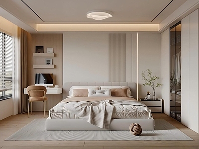 现代多功能卧室 卧室 软包双人床 衣柜 床头柜 装饰摆件